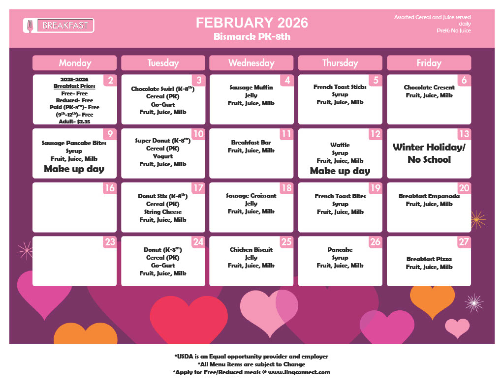 February Breakfast menu for PreK - 8th grade
